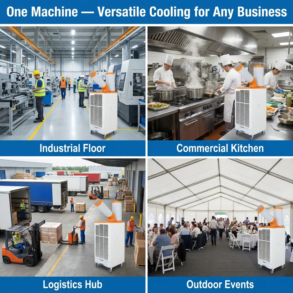 OEM ສີສົ້ມສີຂາວແບບຍີ່ປຸ່ນ 3 Min Rapid Cooling Spot Cooler ເຄື່ອງປັບອາກາດອຸດສາຫະກໍາສໍາລັບກອງປະຊຸມການເຮັດວຽກໂລຫະ