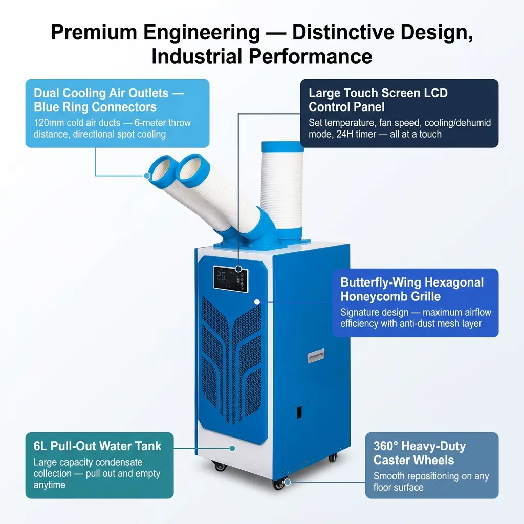 Custom Butterfly Wing Hexagonal Honeycomb 24H Timer Spot Cooler Portable Industrial AC With Outdoor Event Tent Custom Butterfly Wing Hexagonal Honeycomb 24H Timer Spot Cooler Portable Industrial AC With Outdoor Event Tent
