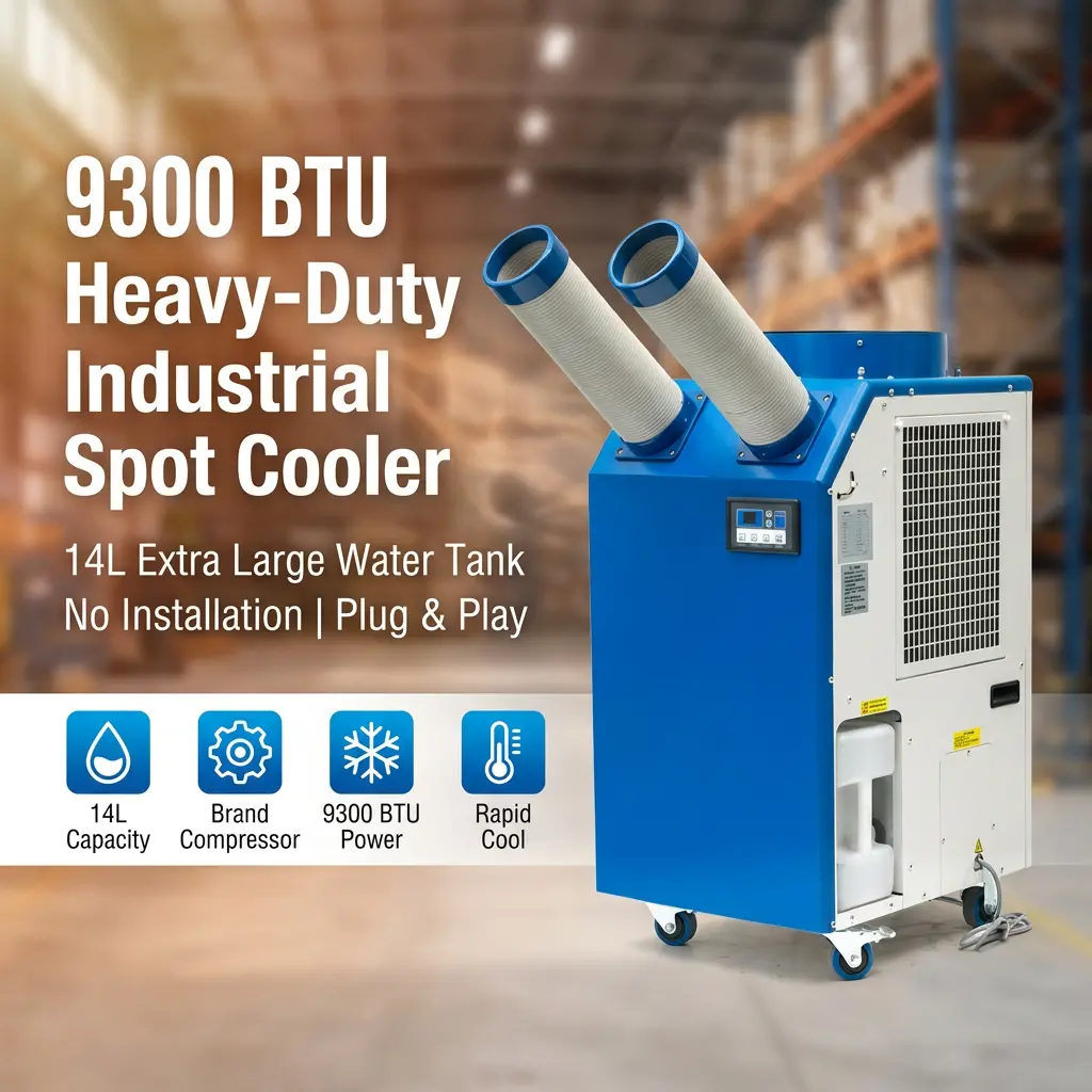 OEM 14L ຖັງຂະຫນາດໃຫຍ່ 2700W ພະລັງງານ 9300BTU Rotary Compressor Portable Spot Cooler ເຄື່ອງປັບອາກາດອຸດສາຫະກໍາສໍາລັບກອງປະຊຸມ