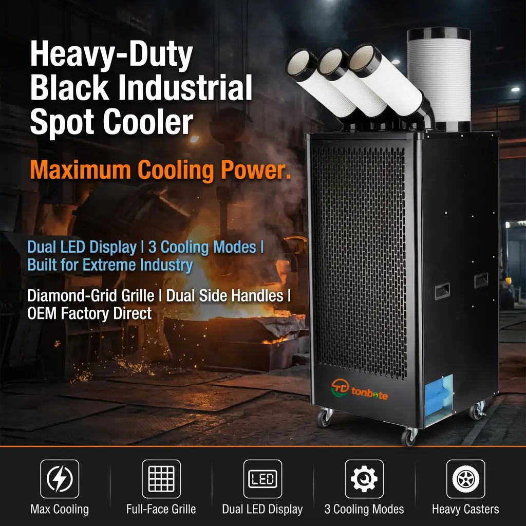 Premium Portable Industrial Spot Cooler 1200m3h ກະແສລົມສູງ 7m/s ໄລຍະໄກ 3-ນາທີ ຄວບຄຸມຄວາມເຢັນແບບອັດສະລິຍະ LCD Smart Control